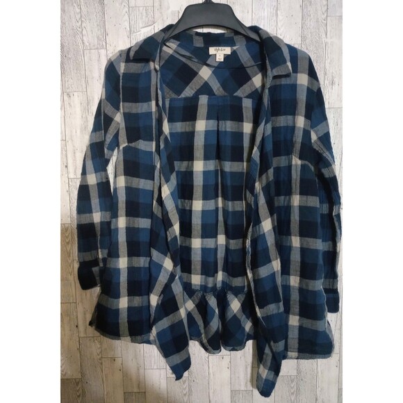 Style & Co Plaid Long Sleeve Open Front Ruffle Back Roll‎ Tab Sleeve Size Large - Picture 1 of 5